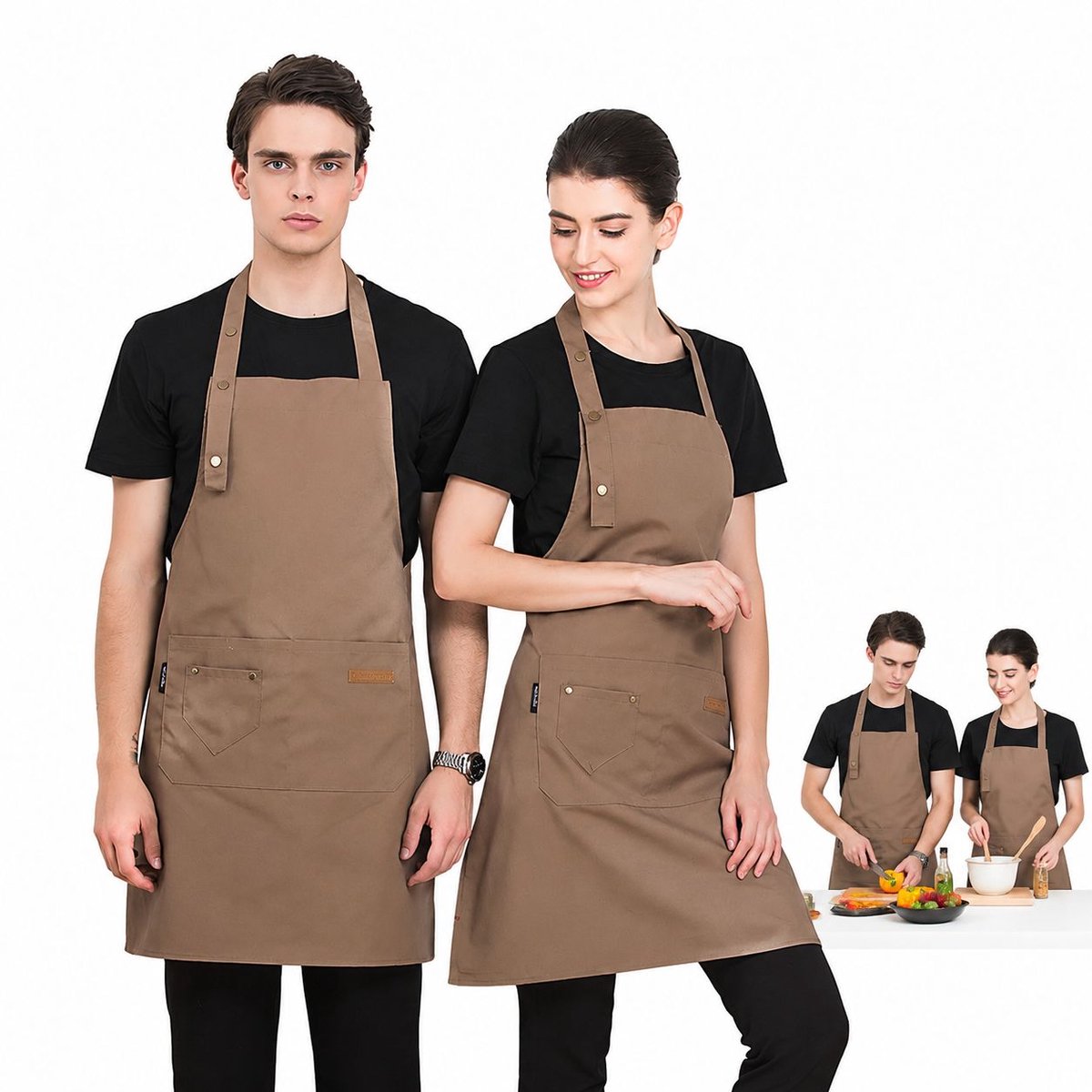 Keukenschort - Set van 2 Kookschorten voor Dames en Heren - Waterafstotend Schort met Zak en Verstelbare Nekband - Keuken, Bakken en Tuin - bruin