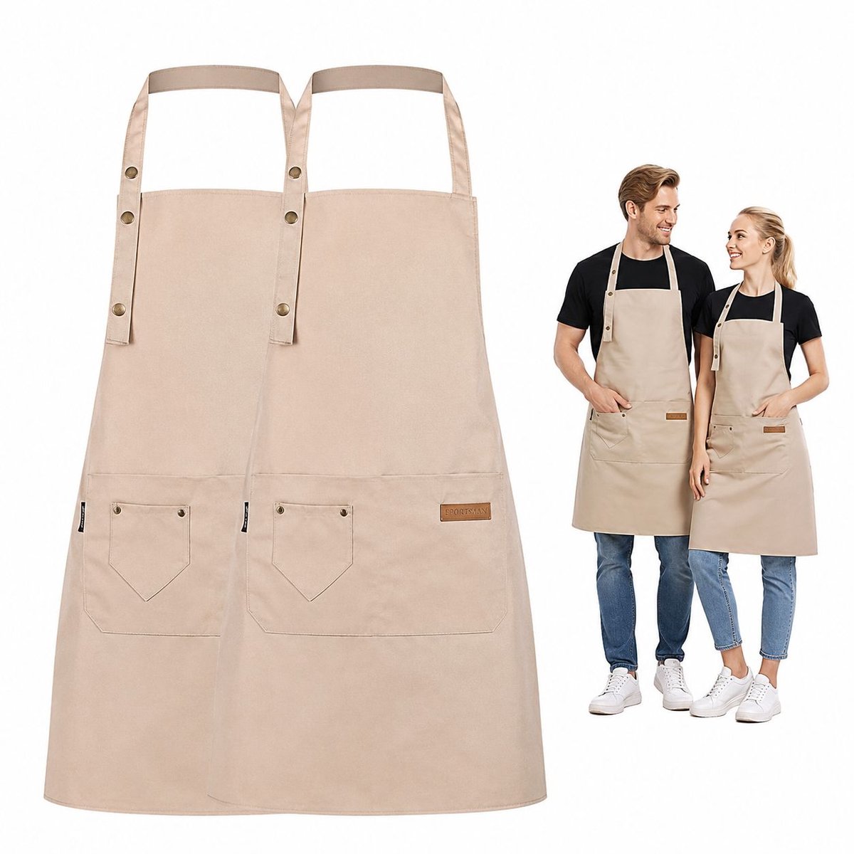Keukenschort - Set van 2 Kookschorten voor Dames en Heren - Waterafstotend Schort met Zak en Verstelbare Nekband - Keuken, Bakken en Tuin - Beige