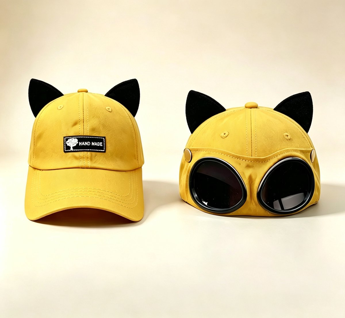 Gele baseballpet/flyerpet met zonnebril en kattenoortjes maat 2-8 jaar geschikt voor een hoofdomtrek van 48-53 cm