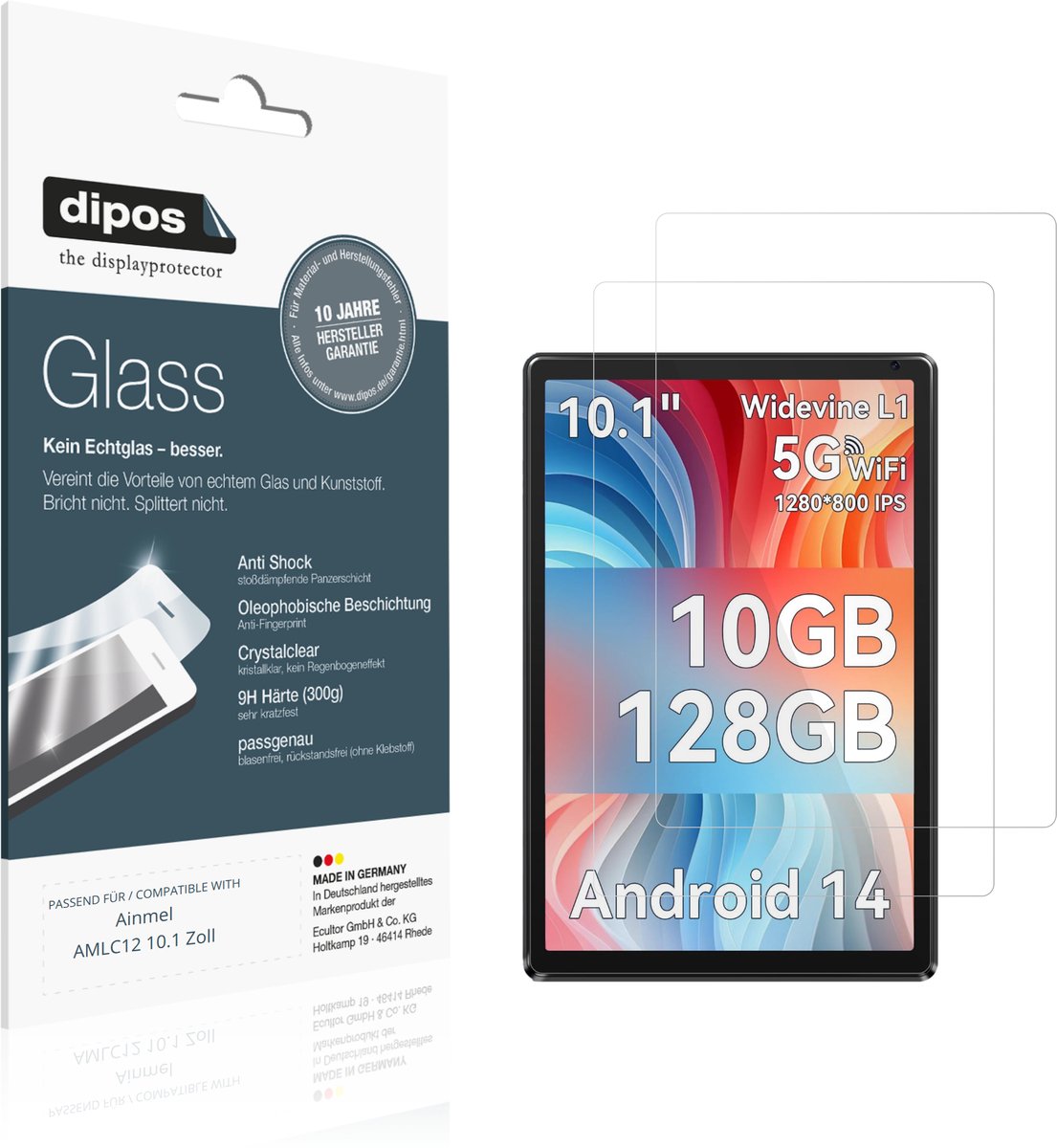 dipos – 2x Pantserfolie geschikt voor Ainmel AMLC12 10.1 Zoll | 9H Screenprotector