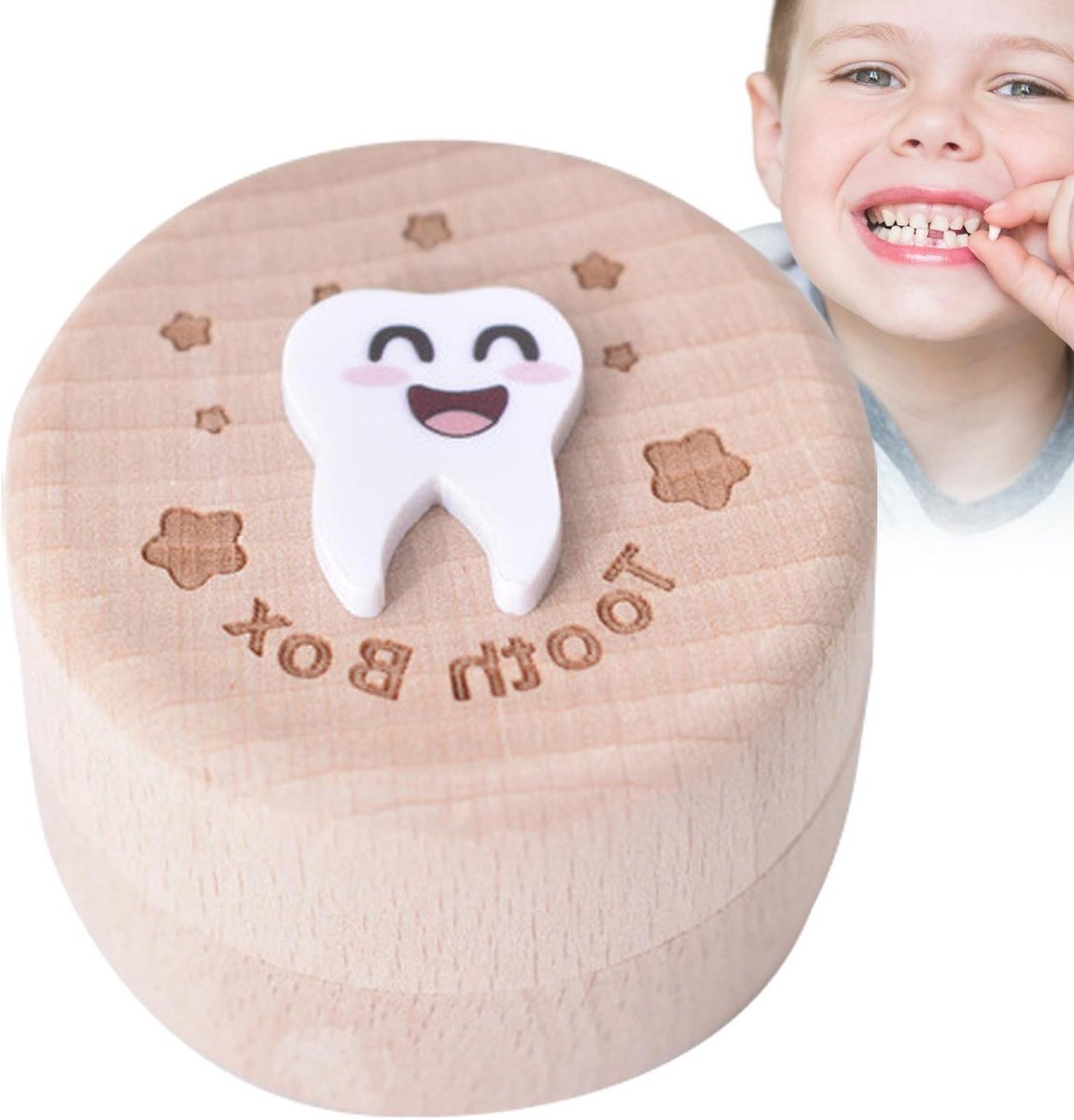 Tandendoosje Houten - Melktandjes Bewaren - Herinneringen Koesteren - Leuke Cartoonelementen - 5 x 5 x 3.5 cm - Niet gespecificeerd