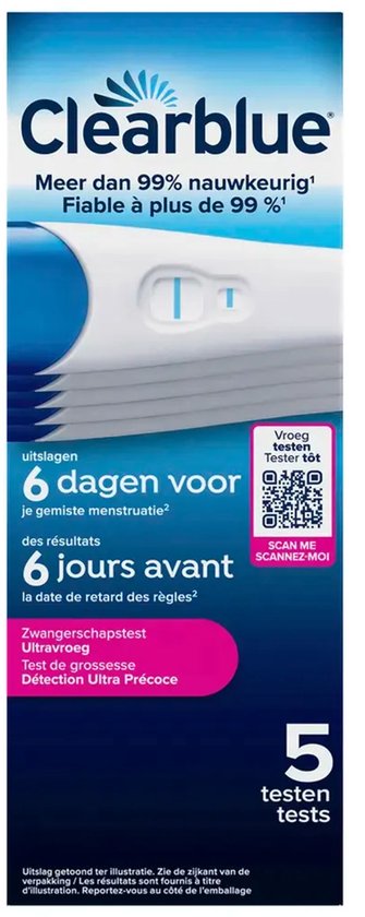 Clearblue zwangerschapstest verpakking met tekst 'uitslagen 6 dagen voor je gemiste menstruatie'. Een test is zichtbaar met een positief resultaat.