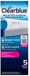 Clearblue zwangerschapstest verpakking met tekst 'uitslagen 6 dagen voor je gemiste menstruatie'. Een test is zichtbaar met een positief resultaat.