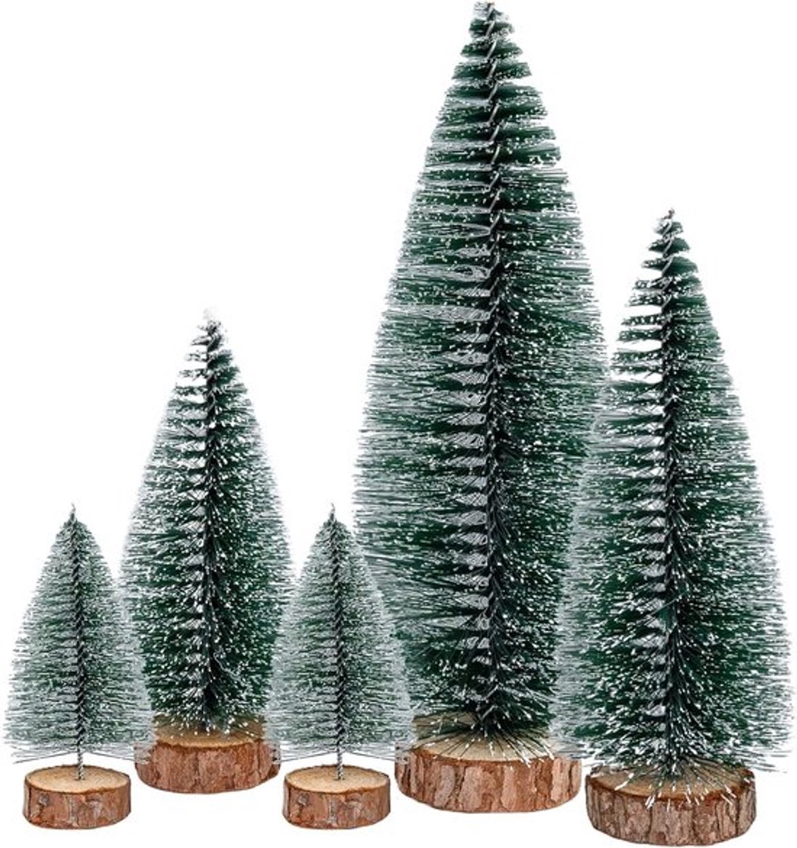 Kleine kerstbomen set van 5 met houten voet voor feestelijke decoratie en sfeer
