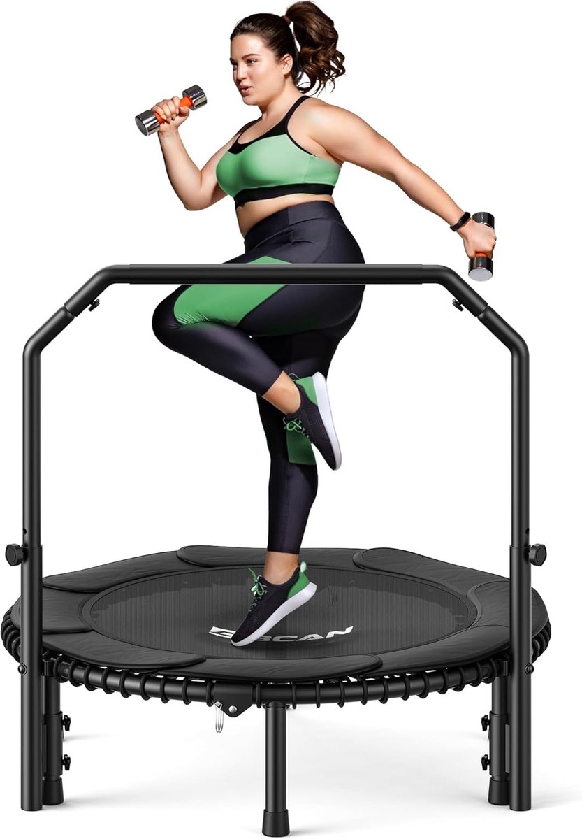 Fitness trampoline voor volwassenen opvouwbaar met verstelbare handgreep, stille elastieken, stabiel rebounder trainingsapparaat 102 cm