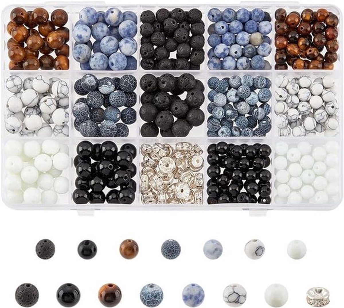 600 Stuks Natuurlijke Steen Kralen Set, 6mm en 8mm Edelsteen Kralen met Rhinestone Spacer voor DIY Armbanden en Kettingen Maken