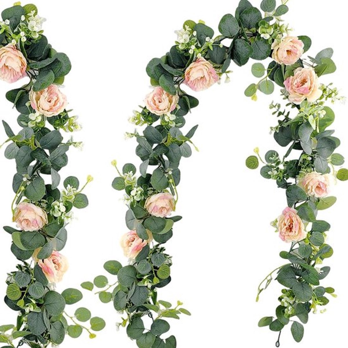 Eucalyptus slinger met roze rozen - 180 cm kunstbloemen voor bruiloft, tafeldecoratie en boho stijl in de lente en zomer