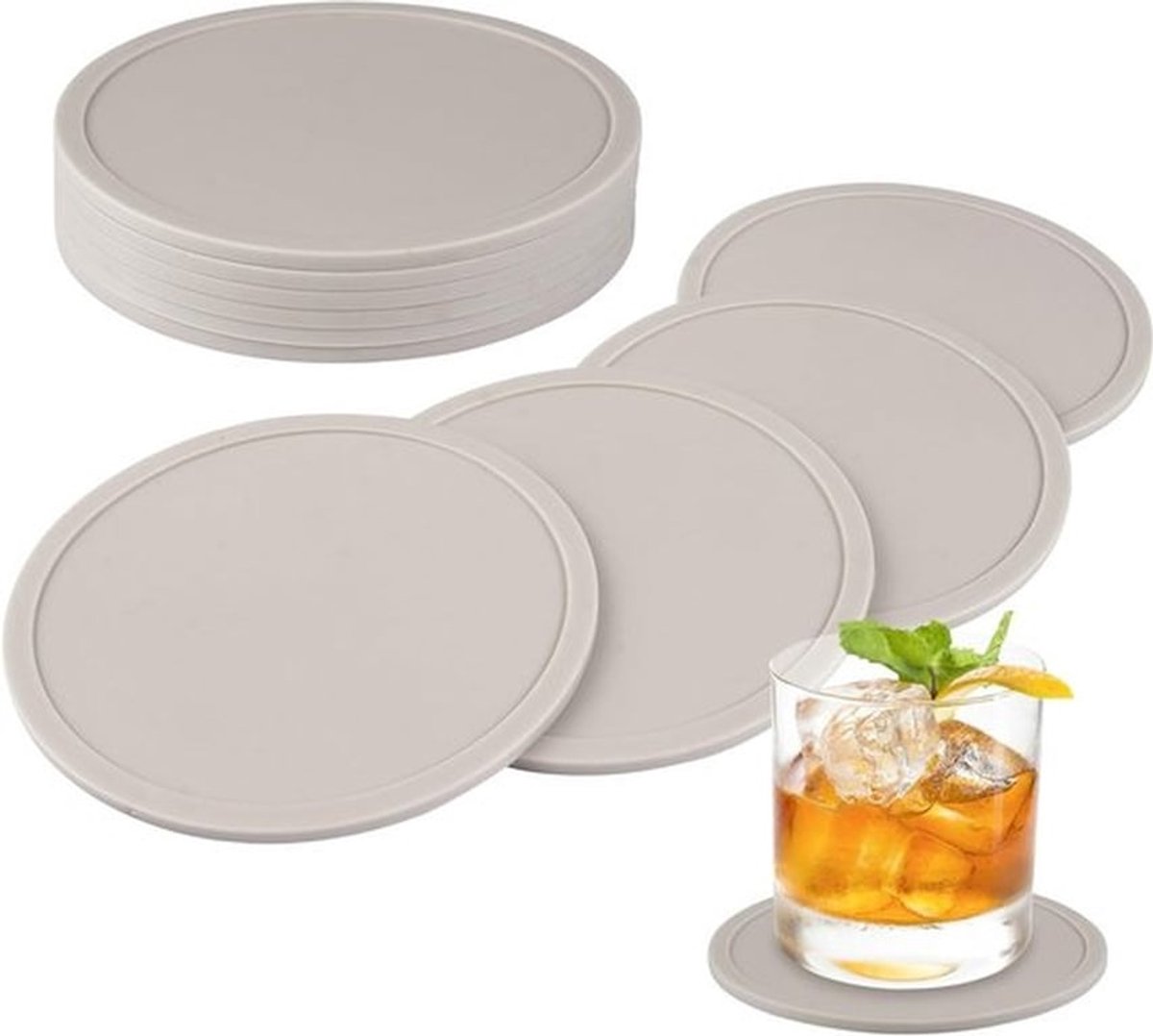Set van 10 Beige Siliconen Onderzetters, Rond, Antislip en Warmtebestendig, Ideaal voor Tafelbescherming en Gebruik in Keuken en Kantoor