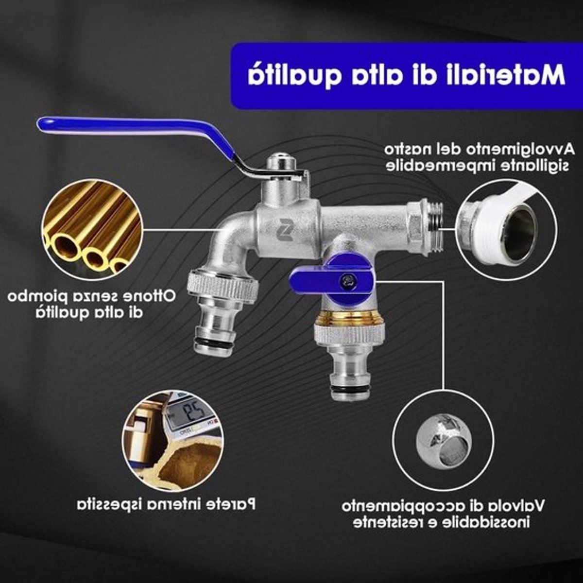 Dubbele Tuinslangkraan 3/4 Inch van Messing, Roest- en Vorstbestendig, Inclusief 2 Uitlaten en Slangverbinding voor Wasmachine en Tuinonderhoud