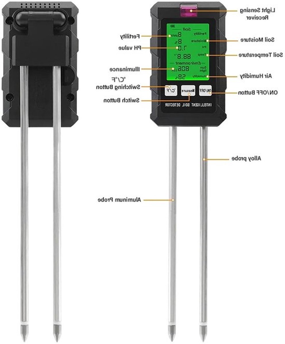 Bodemvochtmeter 6 in 1 met PH-meter, Temperatuur- en Vochtigheidssensor, LCD-scherm voor Tuinieren en Landbouw, Ideaal voor Buitenplanten en Tuinonderhoud
