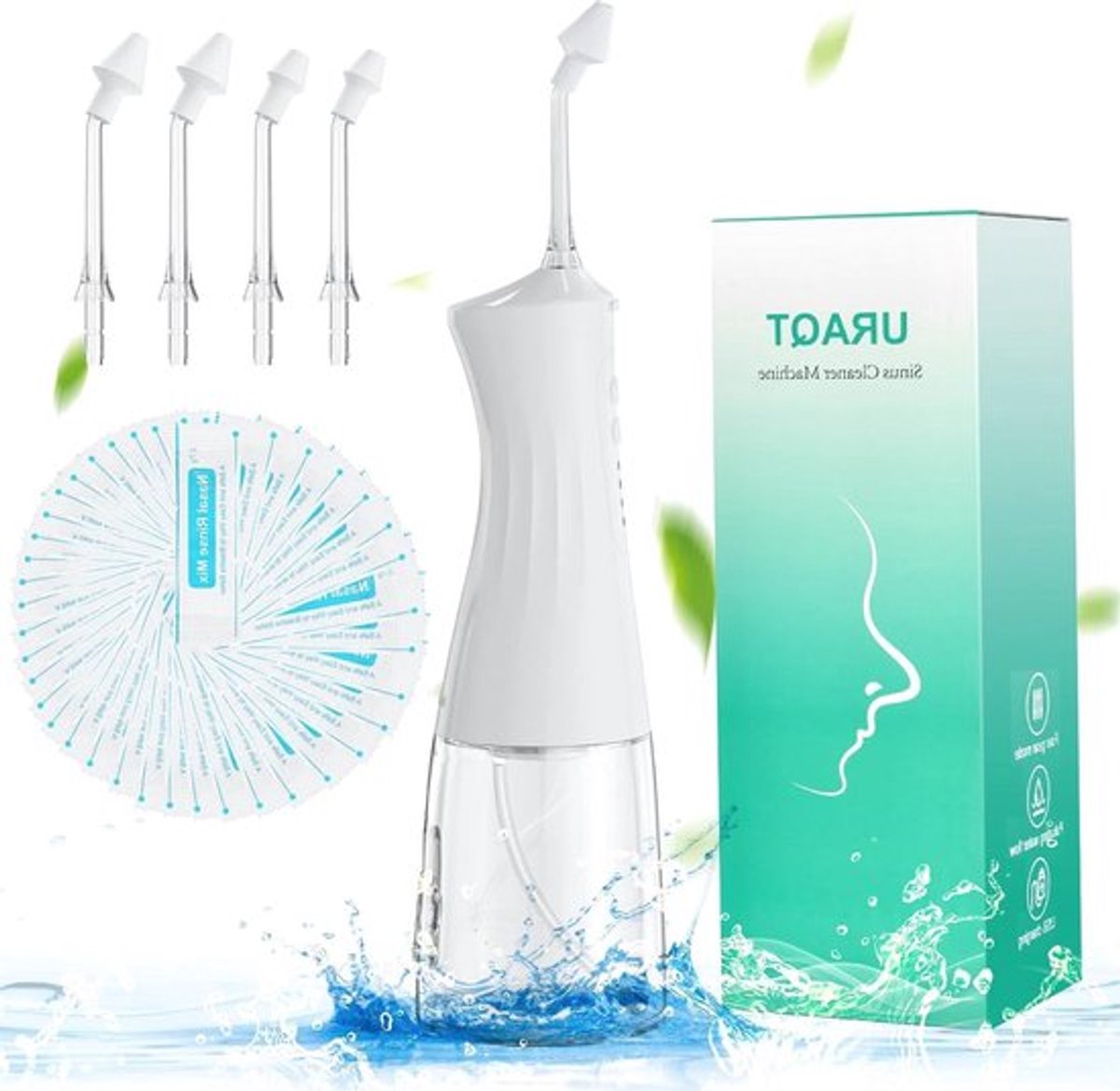 Elektrische Neti Pot Sinusspoelset - Oplaadbaar - Met 40 Neuswaszout Pakketten - 4 Vervangbare Tips