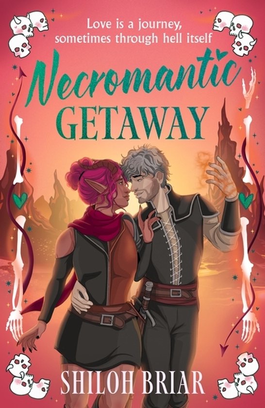 Een vrouw met roze haar en een elf-achtig gezicht staat dicht bij een man met grijs haar. Ze staan op een roze achtergrond met skeletdecoraties.