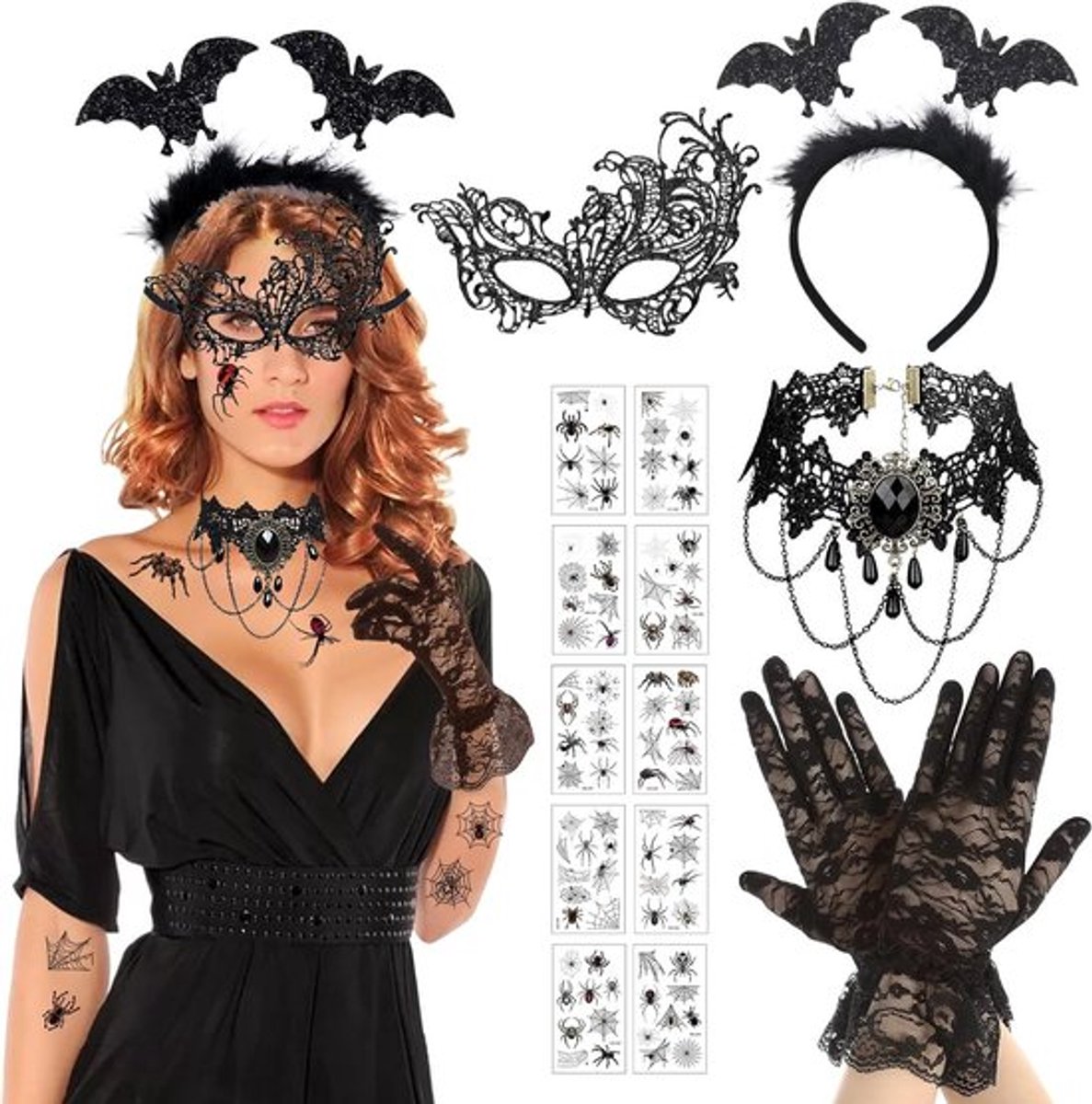 Gothic choker en halsketting set voor Halloween, steampunk accessoires, vintage Venetiaans masker en kanten handschoenen voor masquerade bal en carnaval