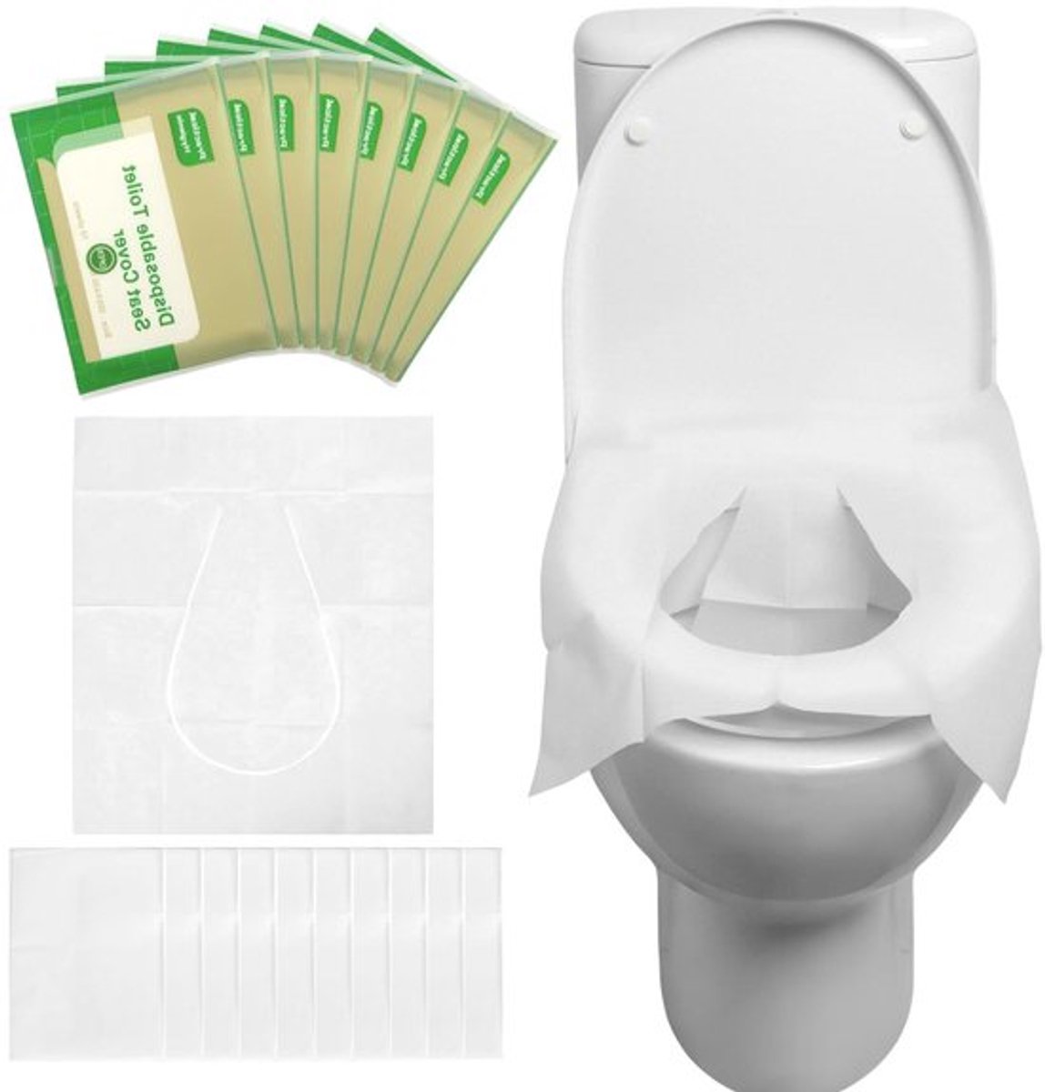 Biologisch afbreekbare toiletbrilcovers van papier voor reizen, kamperen en openbare toiletten (80 stuks - 430 x 355 mm)