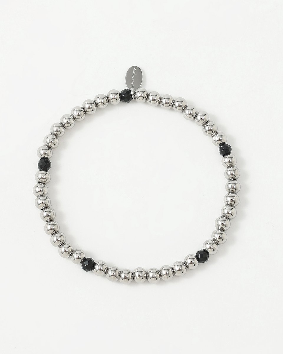 Nouka Dames Armband - Stainless Steel - Zilver Gekleurde Kralen - Met Zwarte Steentjes - Combineren - Cadeau voor Vrouwen - Cadeau Voor Moeder