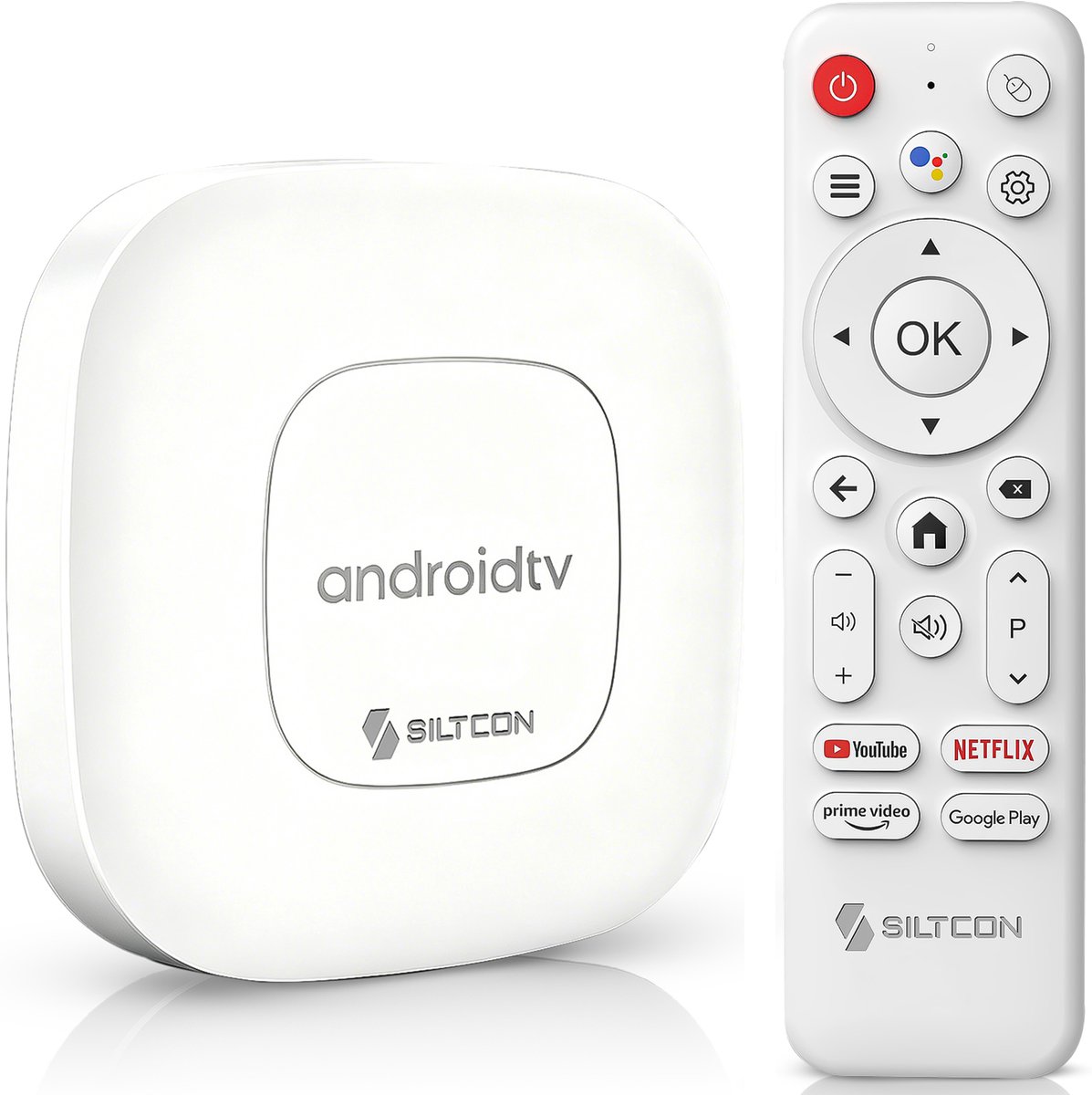 Siltcon® Android TV Box 4K & 8K HDR – Streaming Box - 2.4 & 5 GHz WiFi & Bluetooth – 16GB – Geschikt voor Google TV Streamer & Assistant– Upgrade elke TV naar SmartTV - Geschikt voor 3000+ apps! - Wit