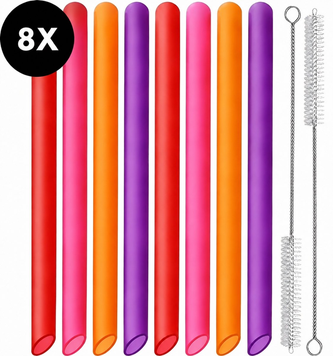 Ultiluxe® Bubble Tea rietjes - 8 stuks - Roze, rood, paars, oranje - Herbruikbare dikke rietjes - Met 2 reinigingsborstels - 26 x 1 cm - 8-delige set voor bubble tea - Herbruikbaar - Hoogwaardige kwaliteit - Boba - Slush - Milkshake - Grote rietjes