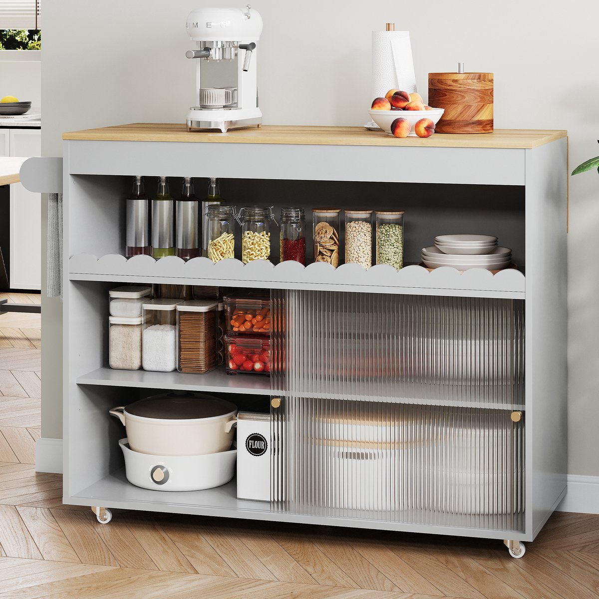 VVBV Keukentrolley 122x46x91 cm - Op Wielen, Inklapbaar Werkblad, Werkblad, Opbergruimte - Grijs, MDF
