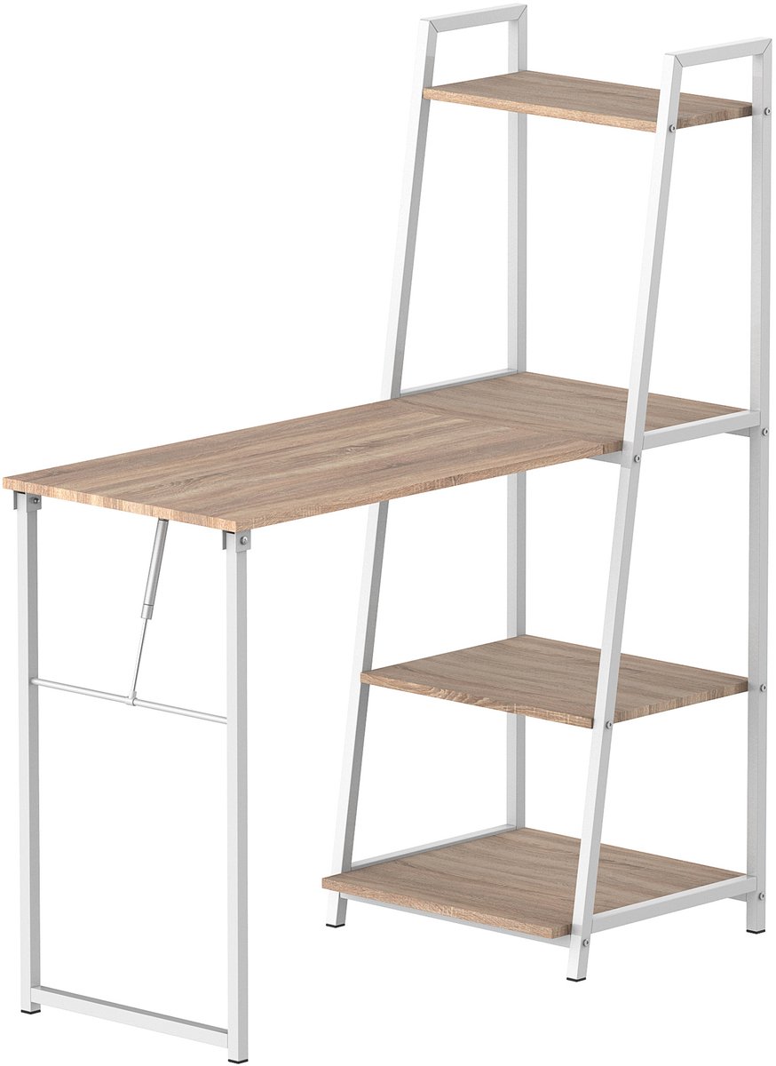 Inklapbaar bureau - inklapbaar boekenkast - 2-in-1 - 4 planken - imitatie hout - licht eiken - metaal - wit