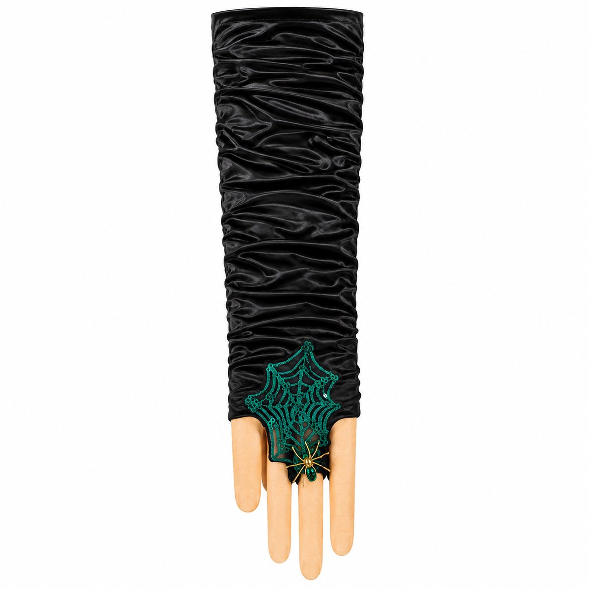 Zwarte Halloween Handschoenen – Lange Vingerloze Handschoenen met Groen Spinnenweb & Spin – Heks Verkleedaccessoire – Feestartikel