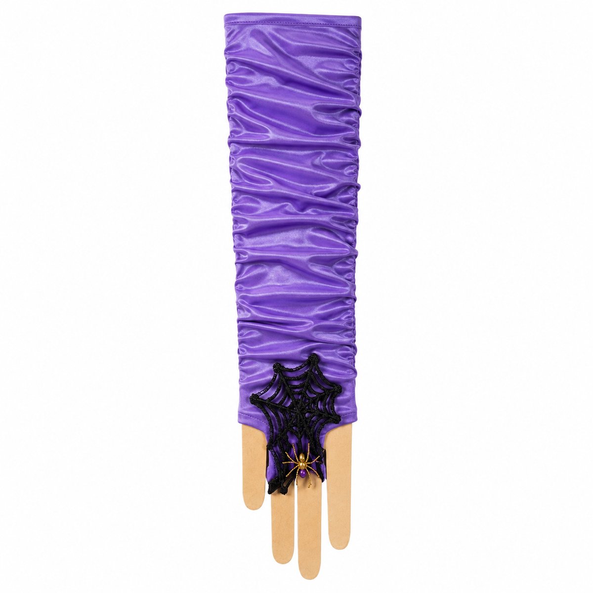 Paarse Halloween Handschoenen – Lange Vingerloze Handschoenen met Spinnenweb & Spin – Verkleedaccessoire – Feestartikel