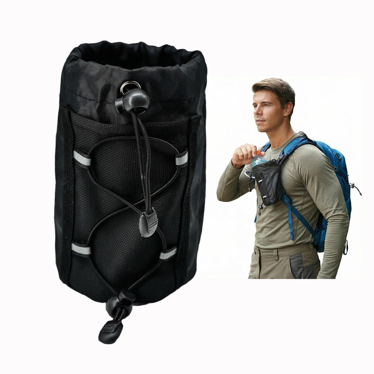 Bidonhouder Rugzak - Waterfles Houder voor Schouderband met Mesh Opbergvak - Lichtgewicht Outdoor Accessoire voor Wandelen, Hiking, Fietsen en Reizen - Zwart