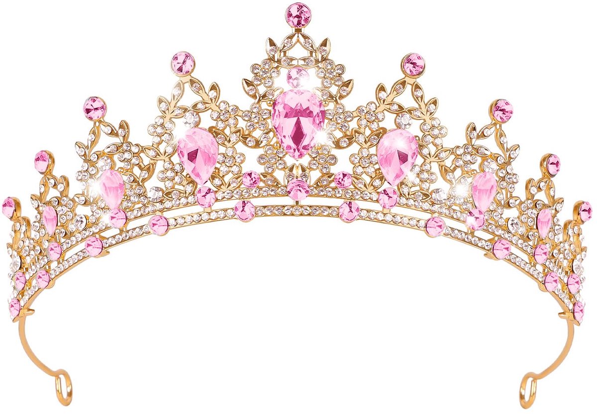 Kroon voor dames – Kristallen kroon – Gouden kroon – Bruidshaarsieraad – Hoofdband voor dames – Geschikt voor bruiloften, feesten en verjaardagen – Roze