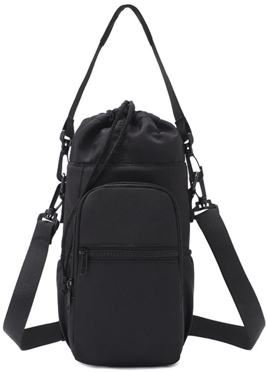 Waterfles Tas 600-1200ml - Drinkfles Houder met Schouderriem en Telefoonvak - Geïsoleerde Flessentas met 5 Vakken voor Wandelen, Fitness, Reizen en Outdoor - Zwart