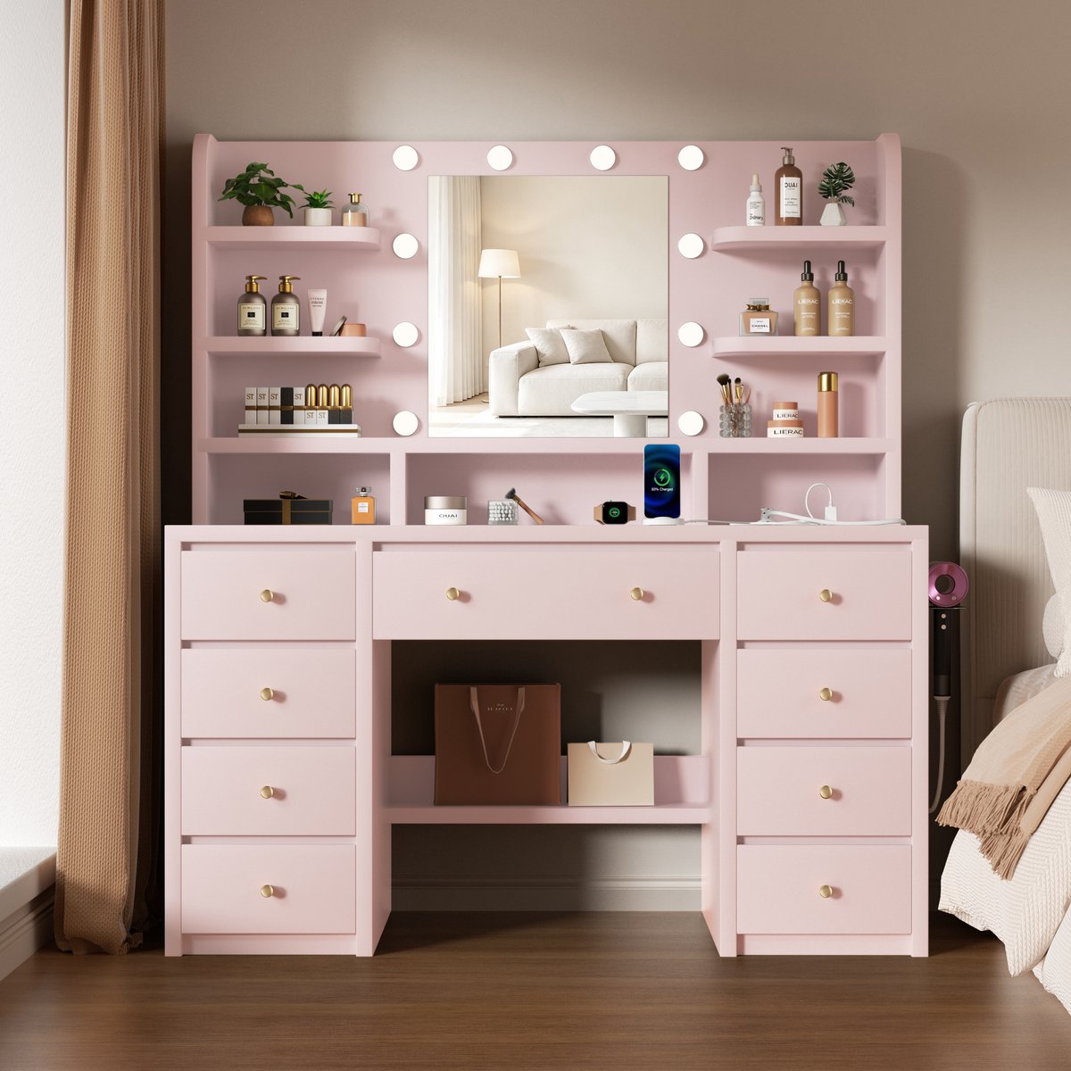 Lexzurn Kaptafel - make up tafel met spiegel - 3 soorten LED-verlichting - 8 Laden en 4 Planken - met haak voor föhn - met stopcontact en USB-poorten - 145x90x40 cm - geschikt voor slaapkamers en kleedkamers - roze