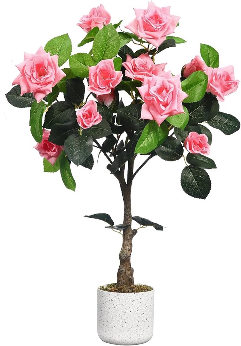 HOERFURIY - compacte kunstroos - enkel stuk 75cm roze polyester met pot ruimtebesparend voor binnen en buiten