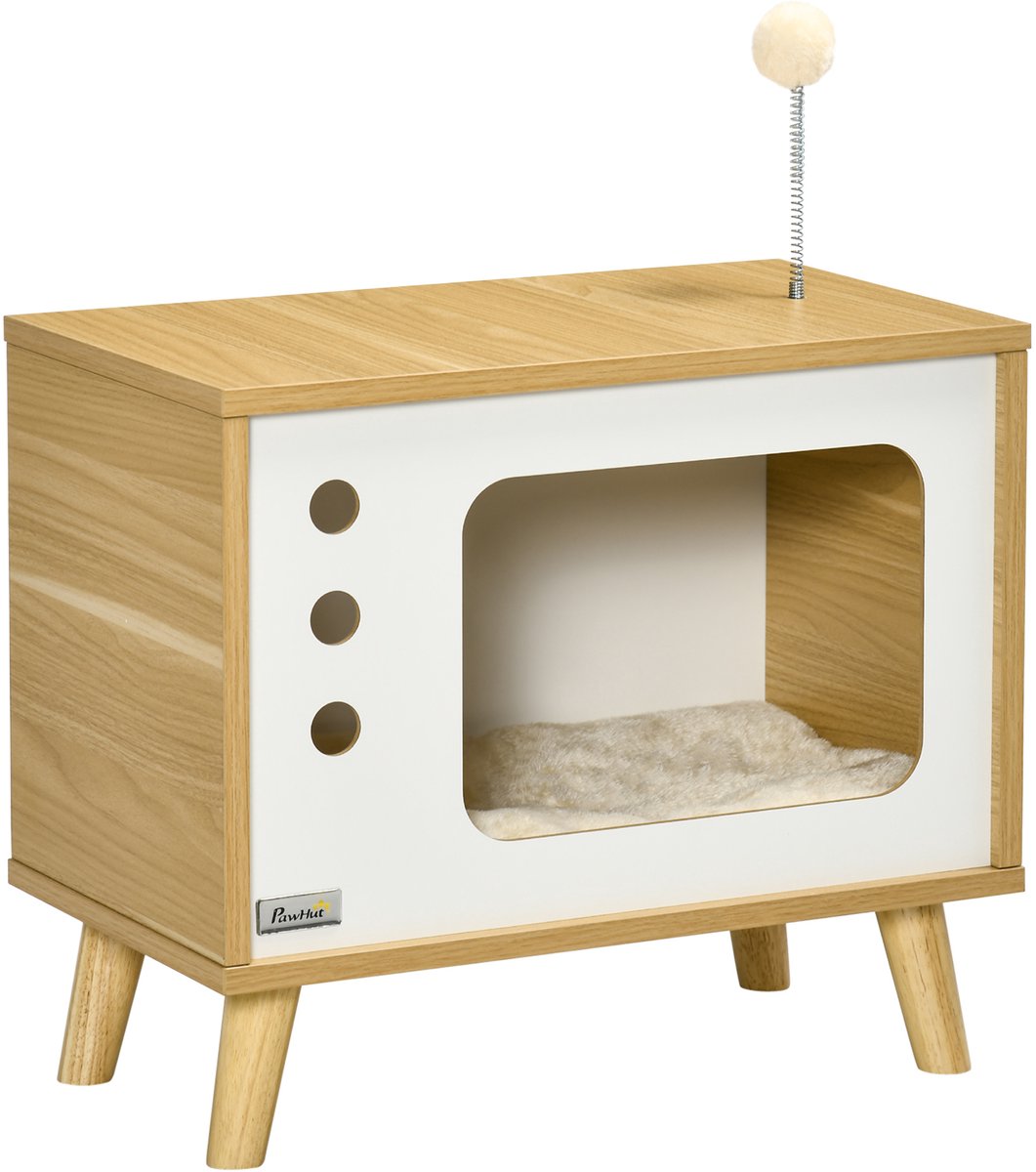 Kattenhuis, TV design kattenhuis met speelgoedbal, kattenmand met kussen, kattenmand, eiken+beige+wit, 50 x 28 x 43 cm | Kattenbak, krabmat, binnen kattenhok, kattenkast, kattenschuilplaats, kattenbed, kattenhol, voor binnen en buiten