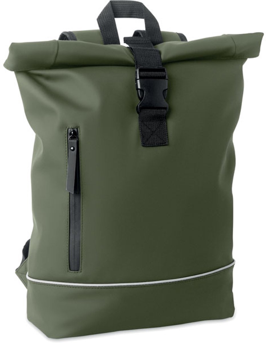 15 inch rolltop laptoprugzak in zacht PU met gevoerde achterkant en basisversterking met reflecterende strip Donker Groen