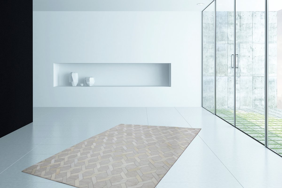 Padiro laagpolig vloerkleed 80 x 150 cm - crème / off-white - industrieel geometrisch patroon - geschikt voor vloerverwarming - van viscose en leer
