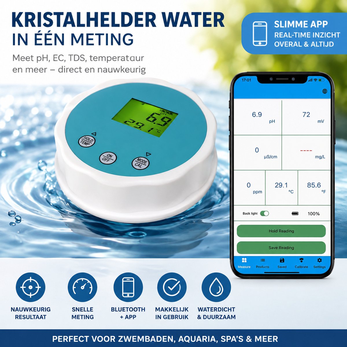 TRESTO - 6-in-1 Zwembad Waterkwaliteitsmeter – pH, Chloor, Zoutgehalte, Temperatuur – Slimme App