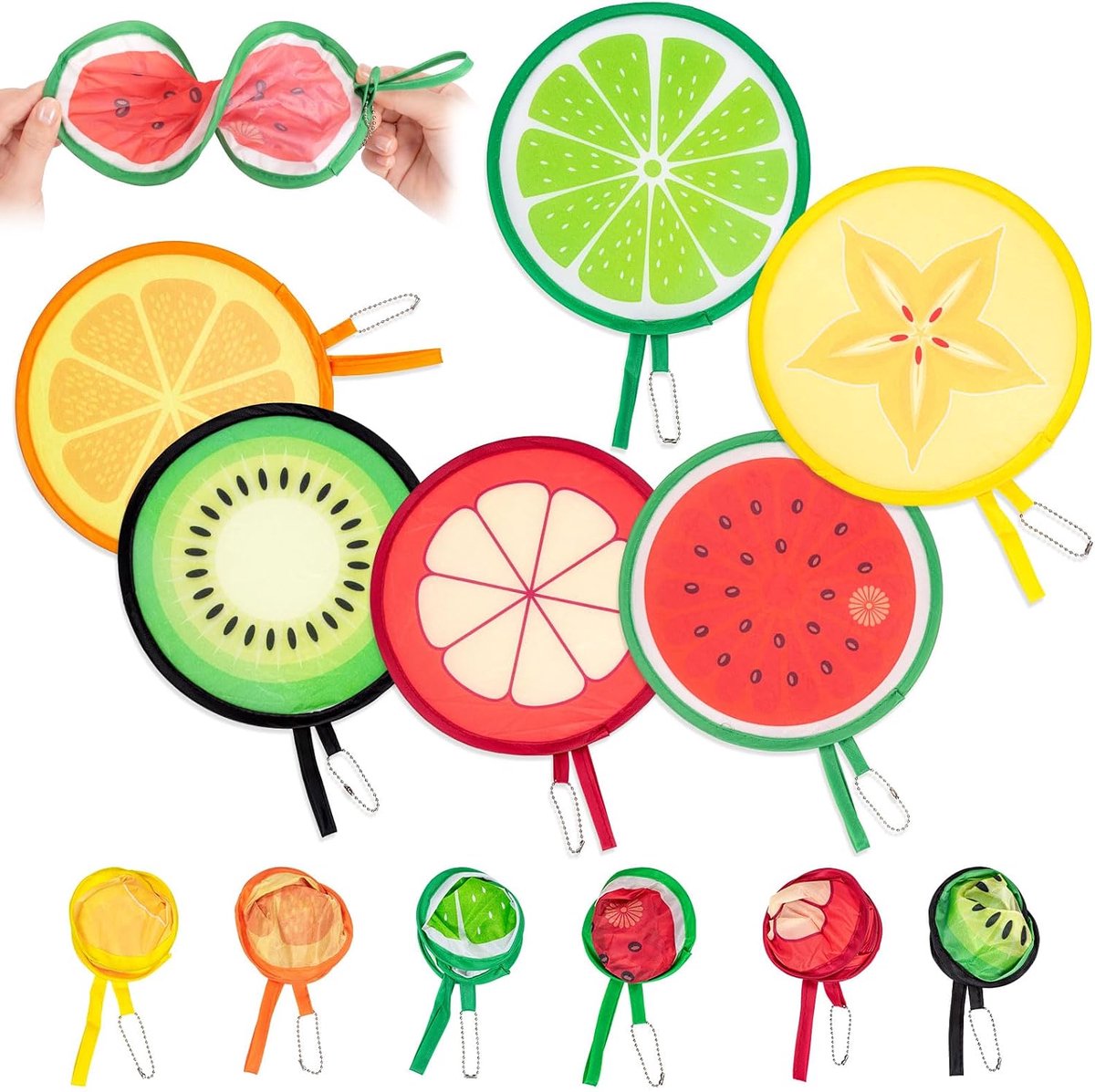 6 stuks Opvouwbare Ronde Handwaaiers - Fruitmotief - Mini pop-up waaiers - Ventilator - Draagbare waaier - perfect voor Zomerevenementen, strand, vakantie, reizen, deco rave en cadeau - 21 cm Diameter