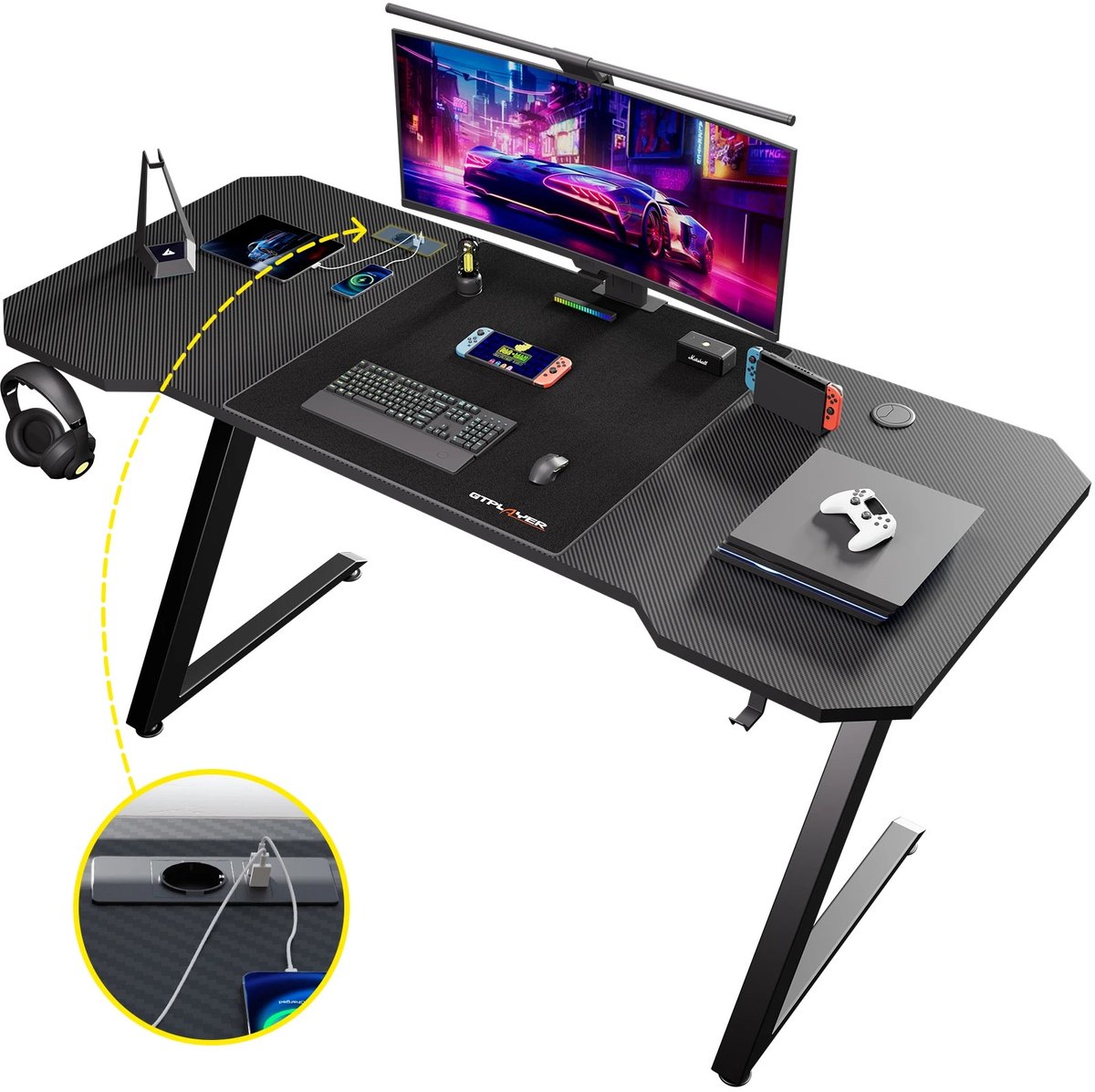 QUESTYR - Bureau - Gaming Bureau - Zwart - Carbonfiber Tafelblad - Ingebouwde Stopcontacten & USB‑Poorten - 120 X 60 CM -