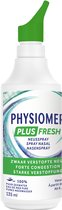 Fles met groene en blauwe branding voor Physiomer Plus Fresh neusspray. Bevat "Forte Congestion" en "3-in-1".