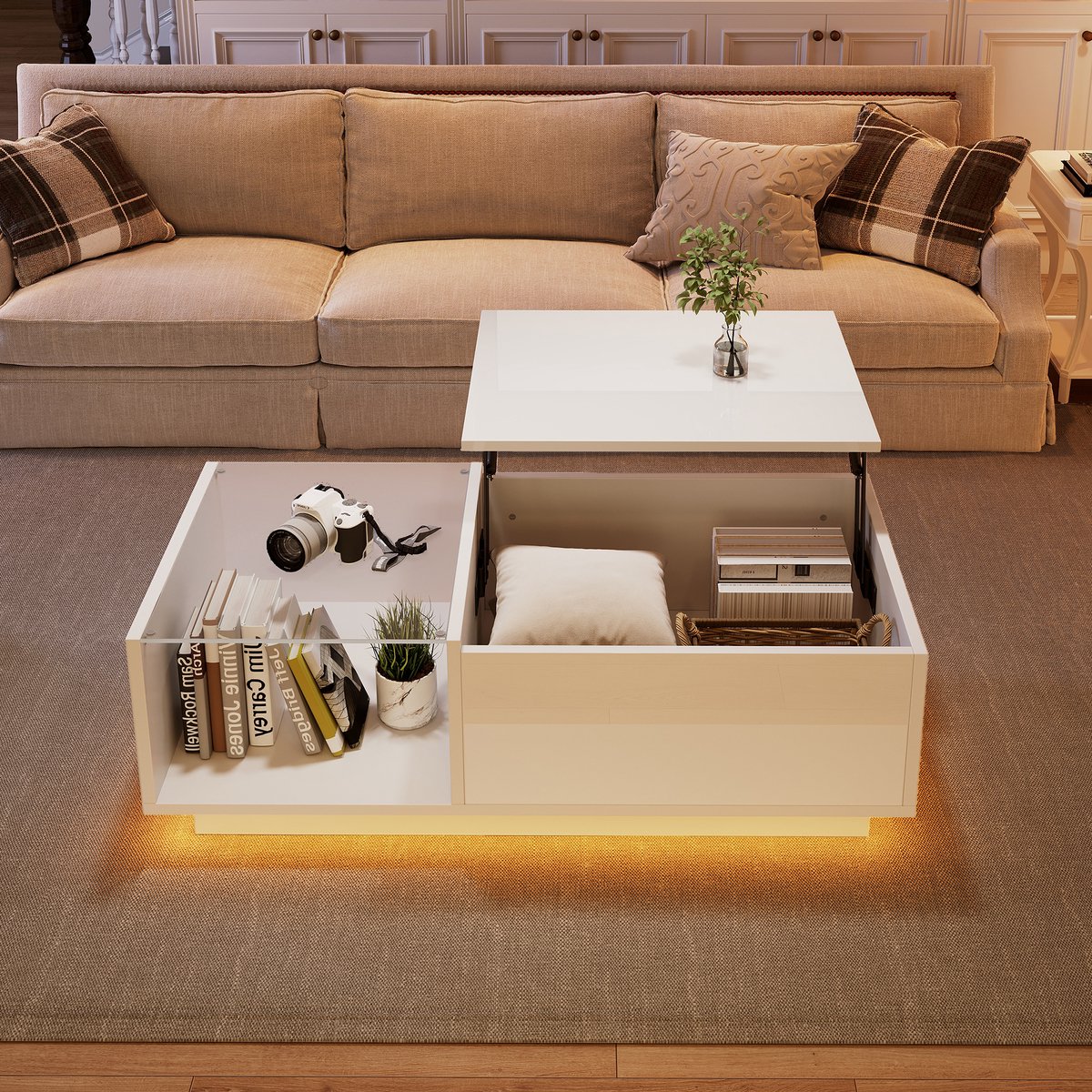 MUVANO LED Salontafel - Hoogglans Tafel - Lift Top-Woonkamertafel – Verstelbaar –App Controle – Opbergvak - Gasveer - Woonkamer - 100x50cm- 1 Stuk-Zwart/Wit