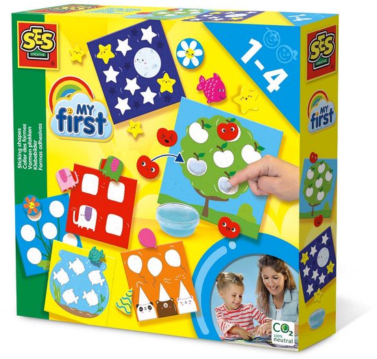 SES Creative My First: een spel om vormen te plakken voor kinderen van 1-4 jaar. Bevat kaarten met een appelboom, vissen, en sterren.