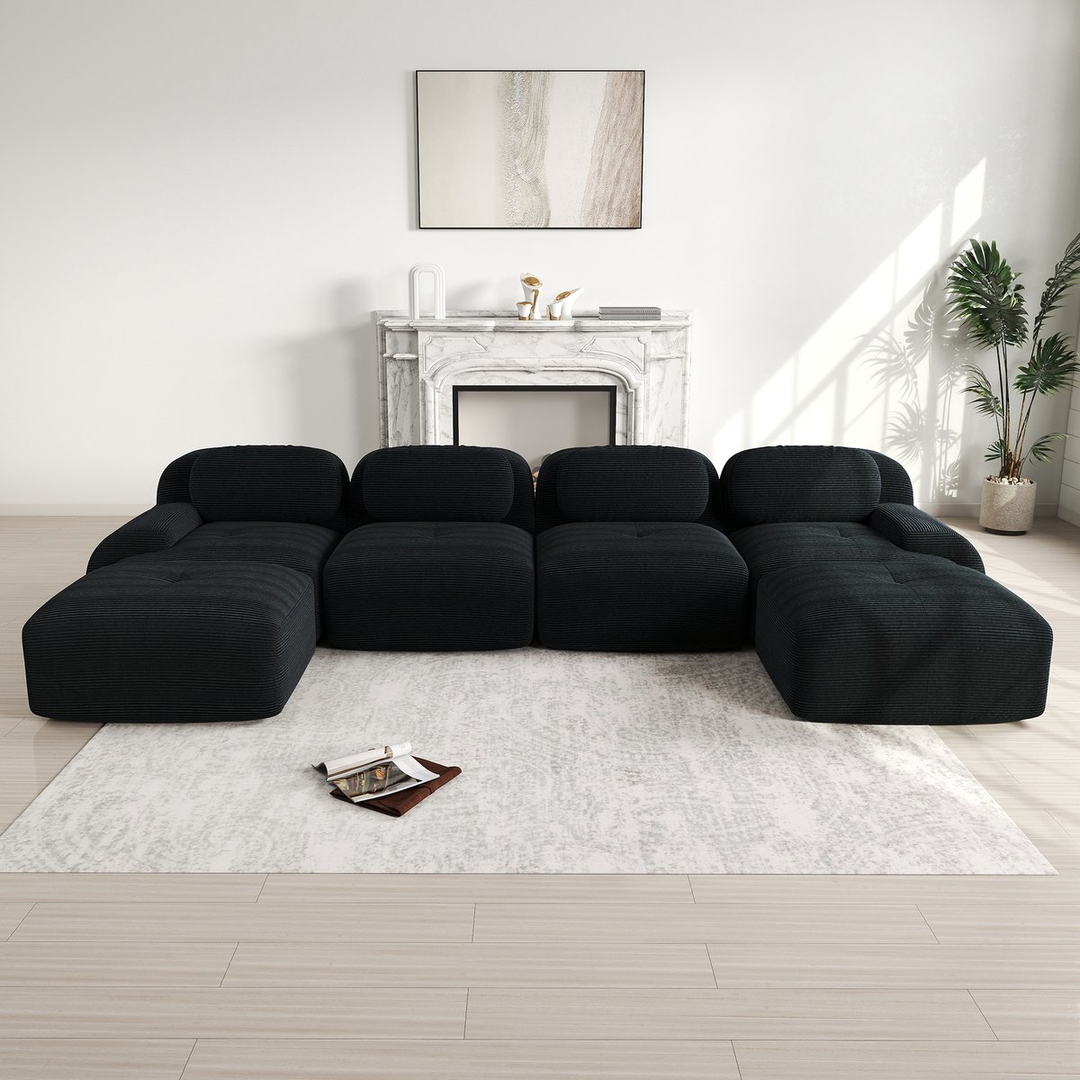 U-Vorm Hoekbank Zwart - Luxe Corduroy Cloud Sofa Met Modulaire Opstelling - Frameloze Lounge Bank Met Ergonomisch Design En Zachte Zit - Grote Woonkamer Bank
