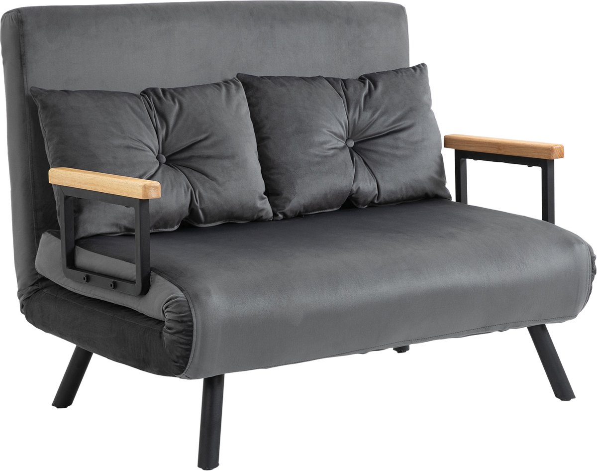 Slaapbank - 2-Zits Velvet Sofa Bed Met Opbergruimte - Verstelbare Rugleuning 5 Standen, Comfortabele Fauteuil Bed Met Kussens - Ruimtebesparende Meubel Voor Woonkamer En Logeerkamer - Donkergrijs