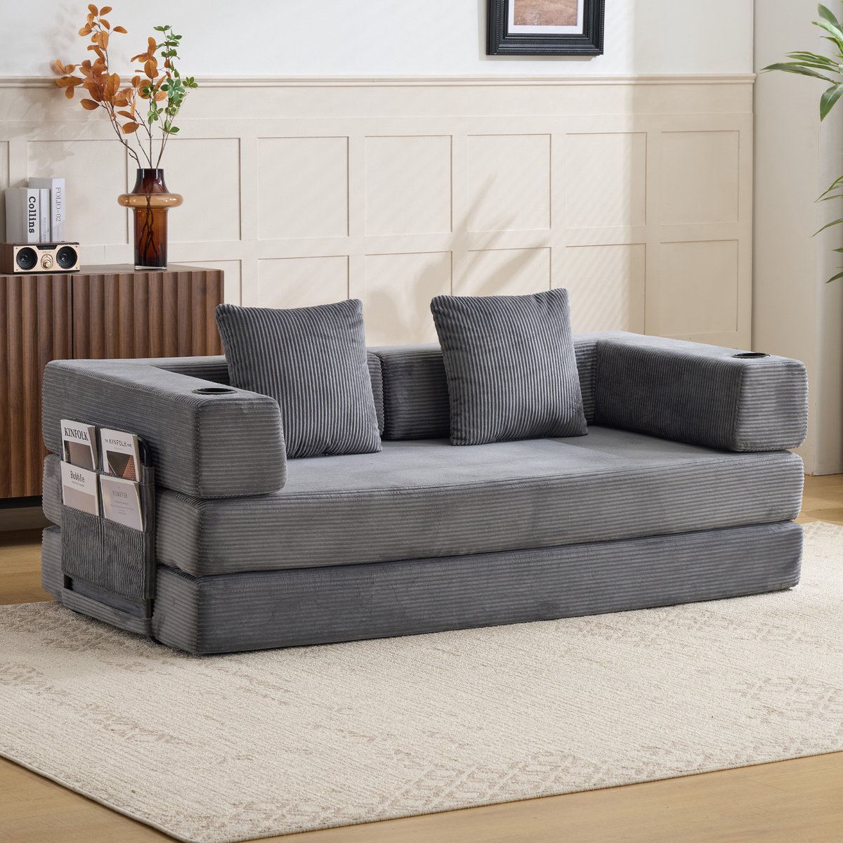 Slaapbank - Modulaire Vloerbank Met Ribstof Bekleding - 2-Zits Uitklapbare Sofa Bed Met Kussens En Bekerhouder - Comfortabele Lounge Bank Voor Woonkamer Slaapkamer Donkergrijs