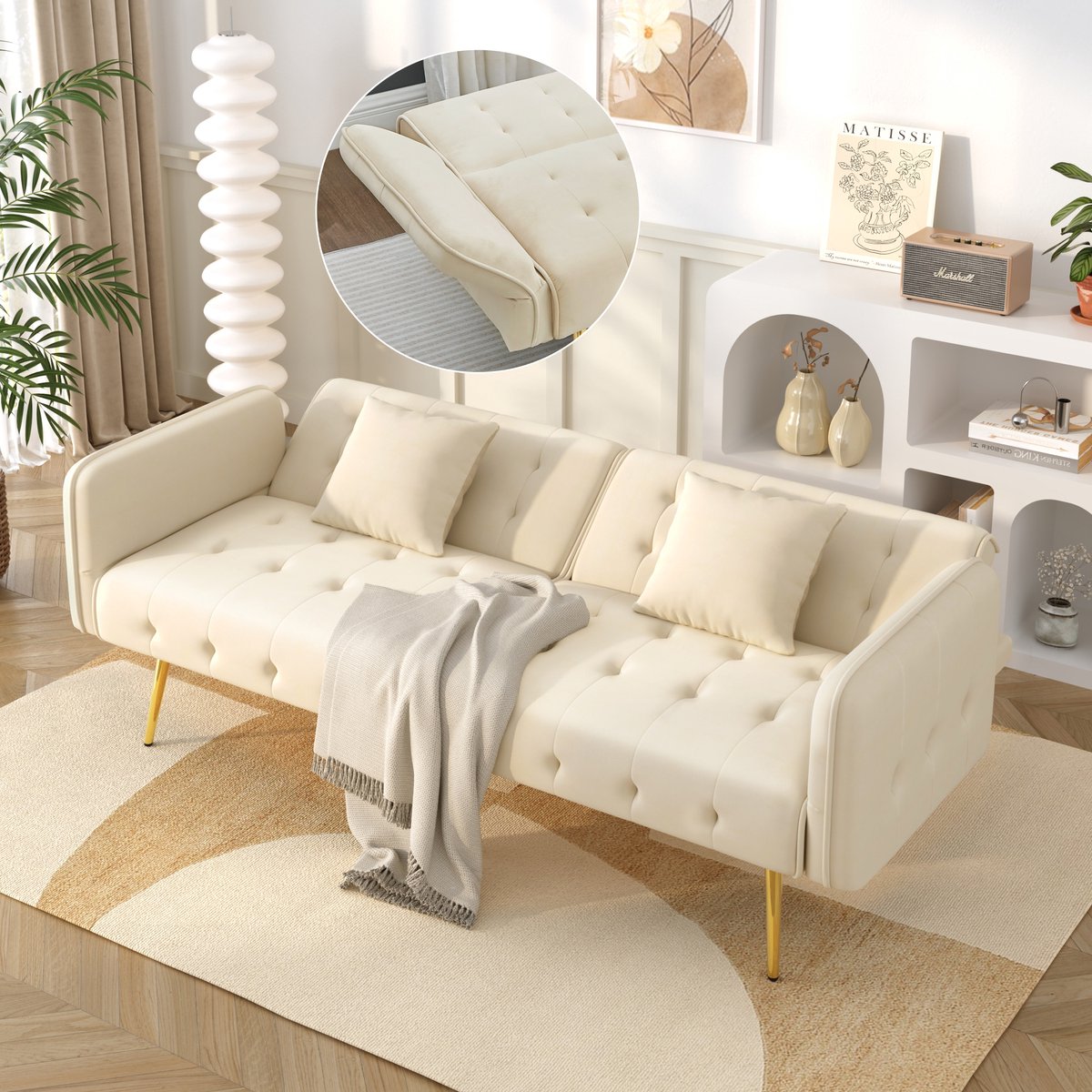 Velours tweezits-Sofabett met Bettfunktion - 178x82x70 cm, Beige