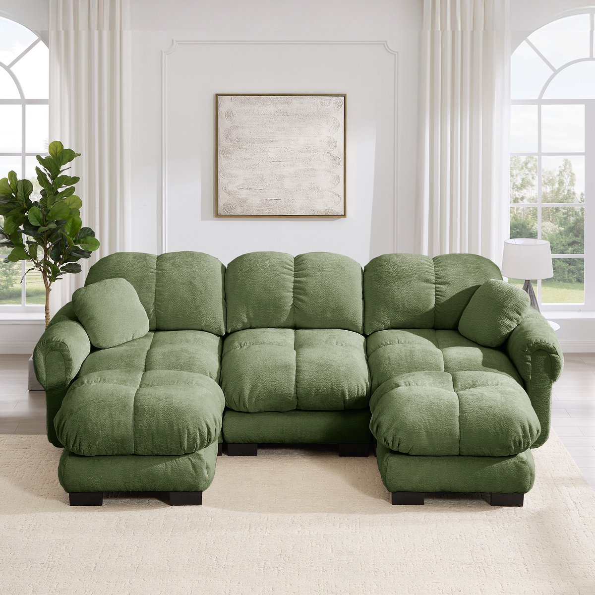 Elegante 3-Persoons U-vormige Cloud Sofa - Comfortabel en Modern met Mobiele Ottomane - 260x149x90 cm, Groen