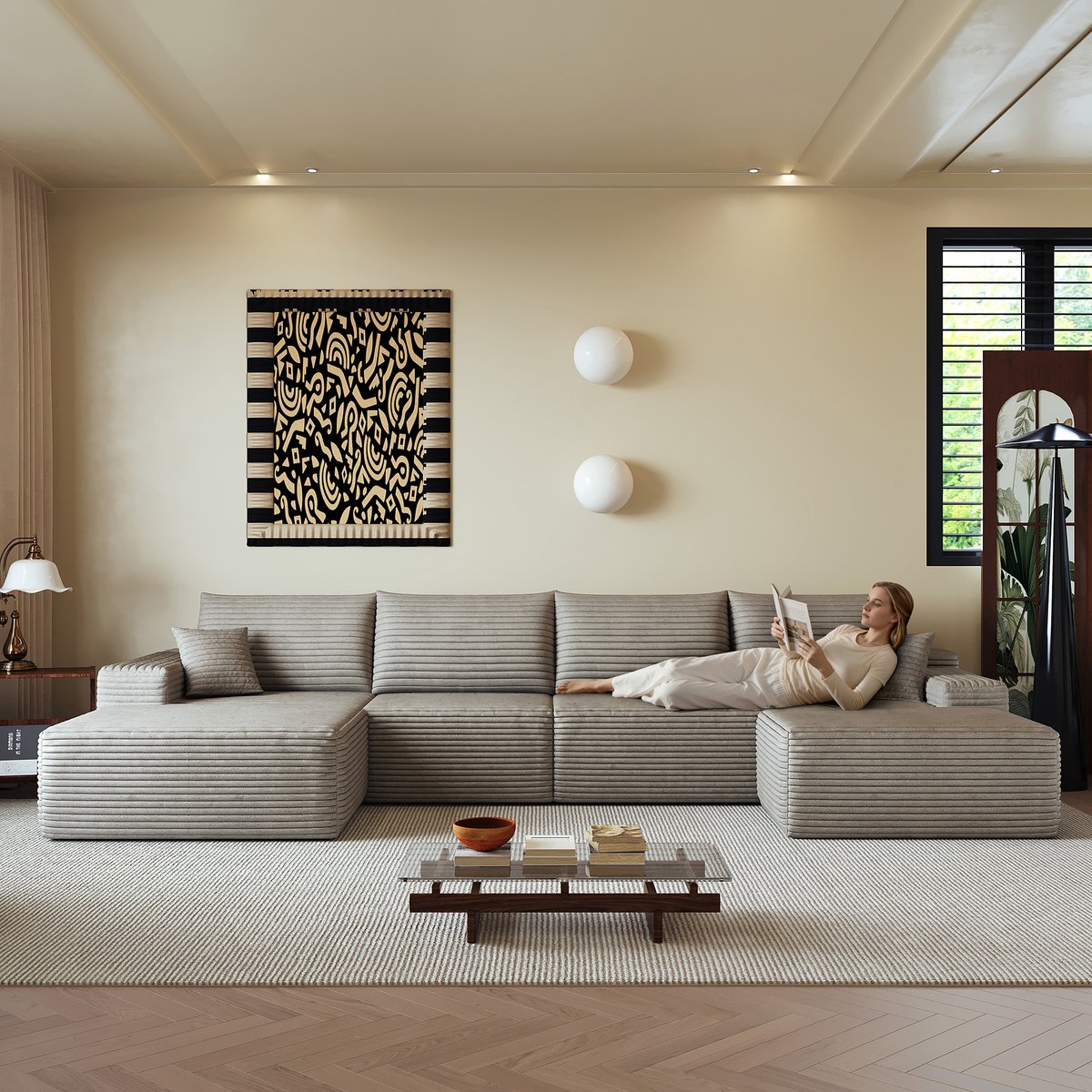 Lounge Bank - Modulaire L-Vorm Hoekbank 5-Zits Met Ribstof Bekleding - Cloud Sofa Met Diepe Zit En Zachte Schuimvulling - Grote Hoekbank Zonder Montage - Camel