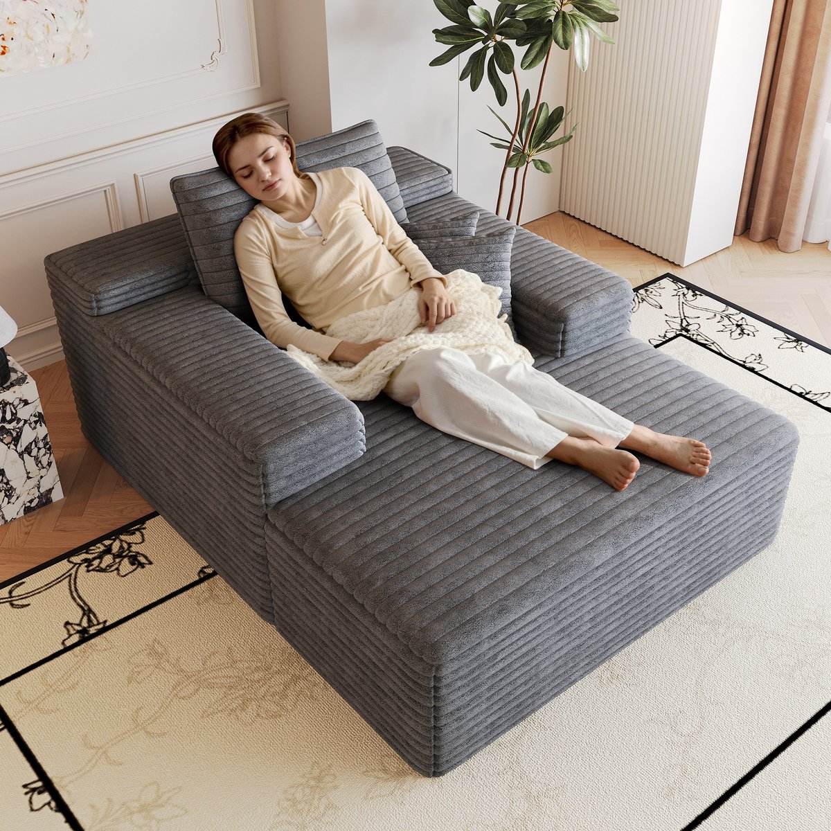 Modulaire Hoekbank - Ribstof Cloud Sofa Met Chaise Longue - 1-Zits Lounge Bank Donkergrijs - Diepe Zitbank Zonder Frame Met Zachte Bekleding Voor Woonkamer