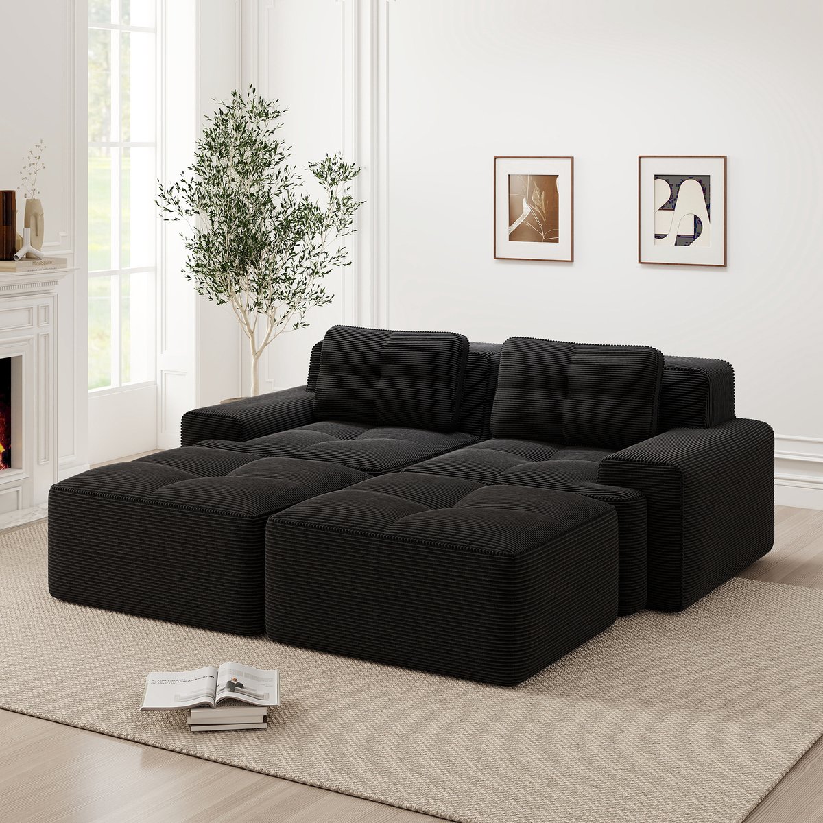 Modulaire U Bank - Corduroy Cloud Sofa Met Voetenbank, Diepe Zit En Frameloos Design - 2-Zits Lounge Bank Zonder Montage Voor Woonkamer - Zwart