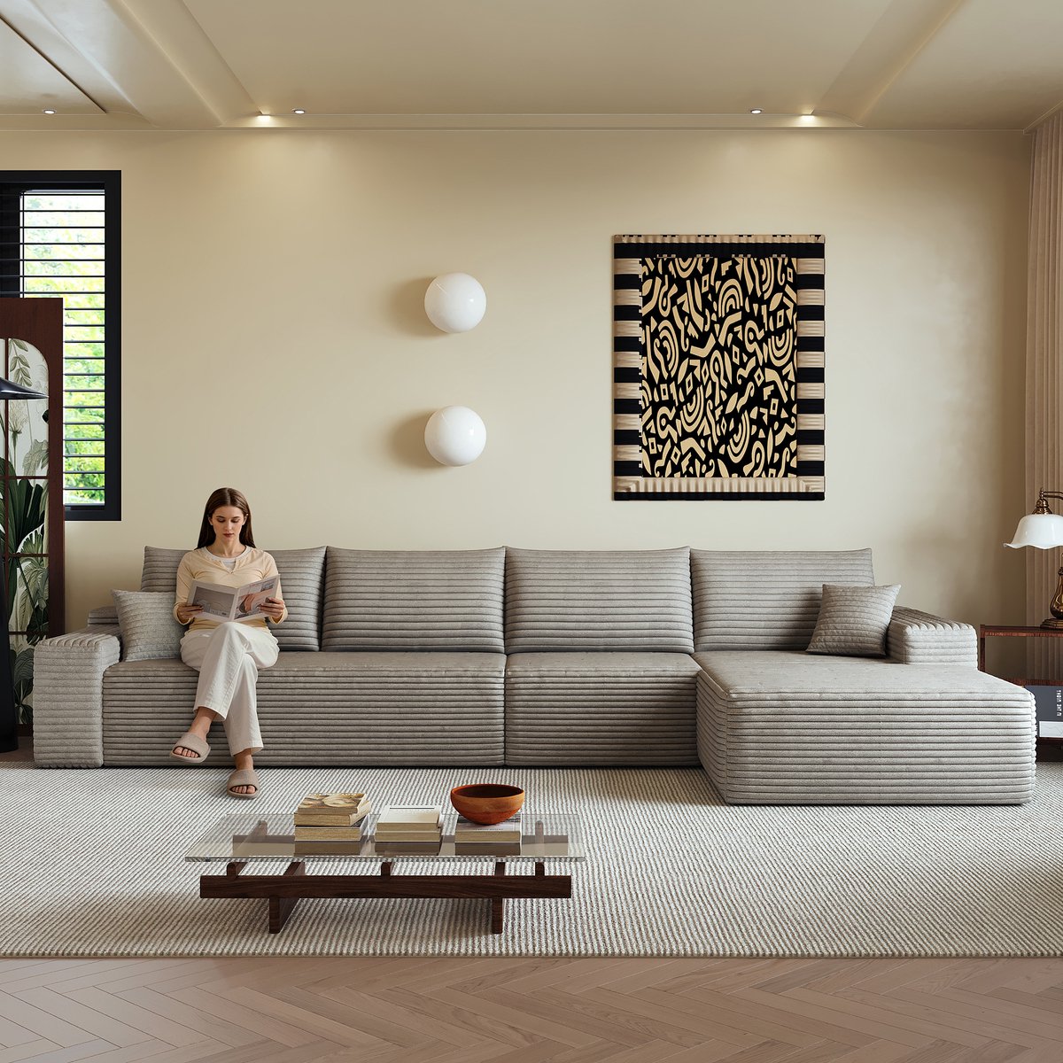 L-Vorm Hoekbank 270 cm - Modulaire 4-Persoons Cloud Sofa Met Lange Chaise Longue - Zachte Ribstof Lounge Bank Met Diepe Zit En Comfortabele Schuimvulling - Camel