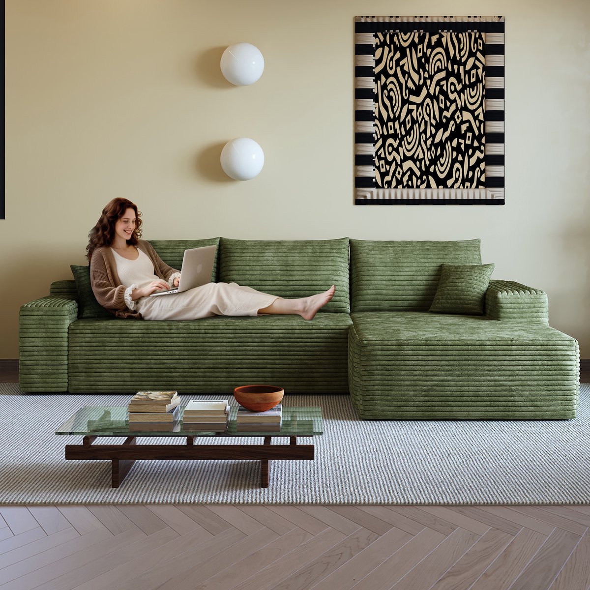 Modulaire Hoekbank - Ribstof Cloud Sofa Met Chaise Longue - 3-Zits Bank Zonder Frame - Extra Diepe Zitbank Met Zachte Schuimvulling - Compressie Sofa Zonder Montage Voor Woonkamer Appartement - Groen