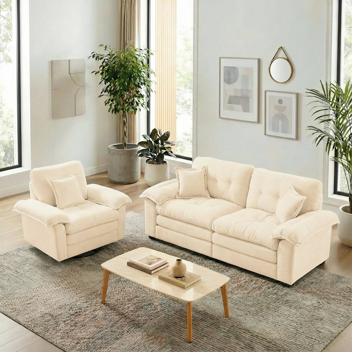3-Zits Bank Set - Chenille Bankstel Met 1-Zits Fauteuil En 2-Zits Sofa - Luxe Lounge Bank Met Diepe Zit En Kussens - Comfortabele Zitgroep Voor Woonkamer Appartement Kantoor